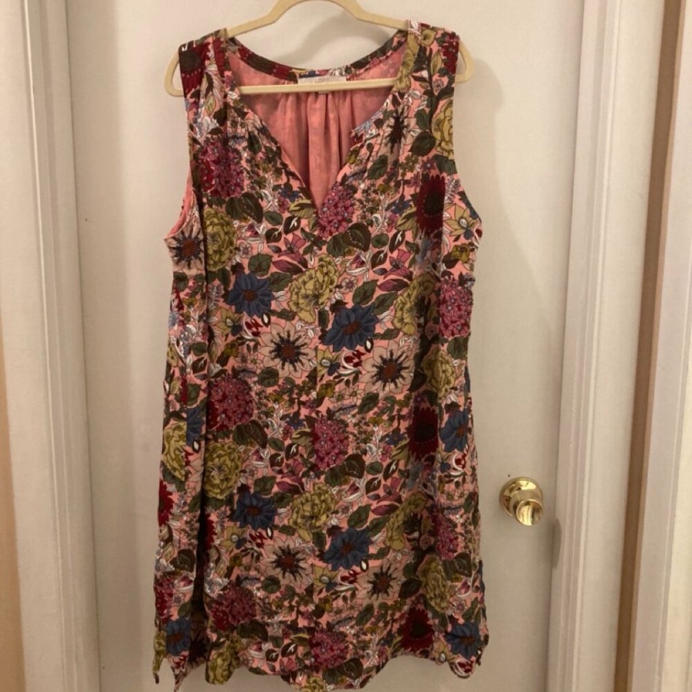 Loft Sleeveless Pink Floral Split Neck Tie Waist Dress